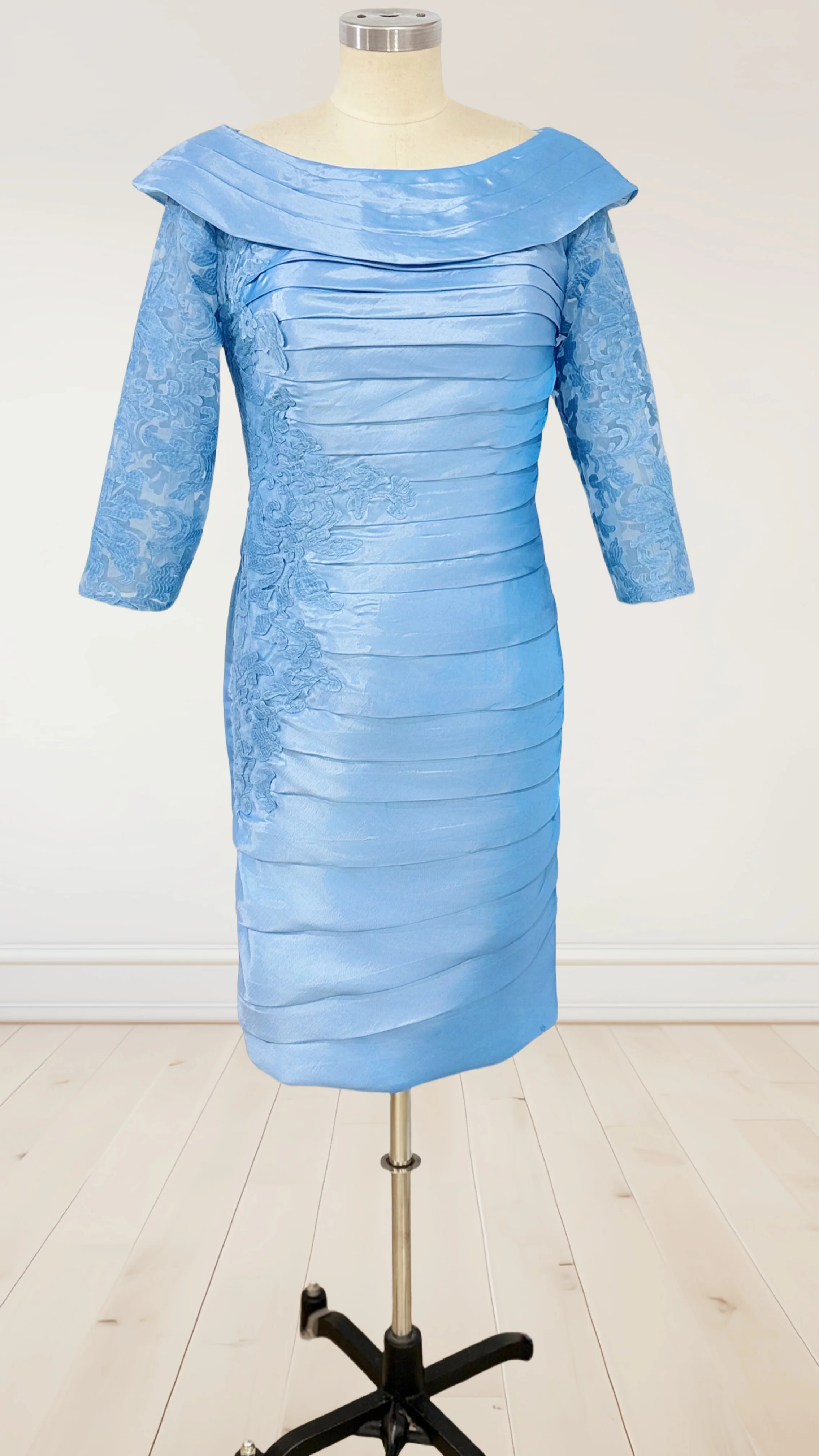 LinasBridal 花嫁の母ドレス 結婚式のゲスト エレガント オフショルダー 膝丈 タフタ ハーフスリーブ フリル付き 2025