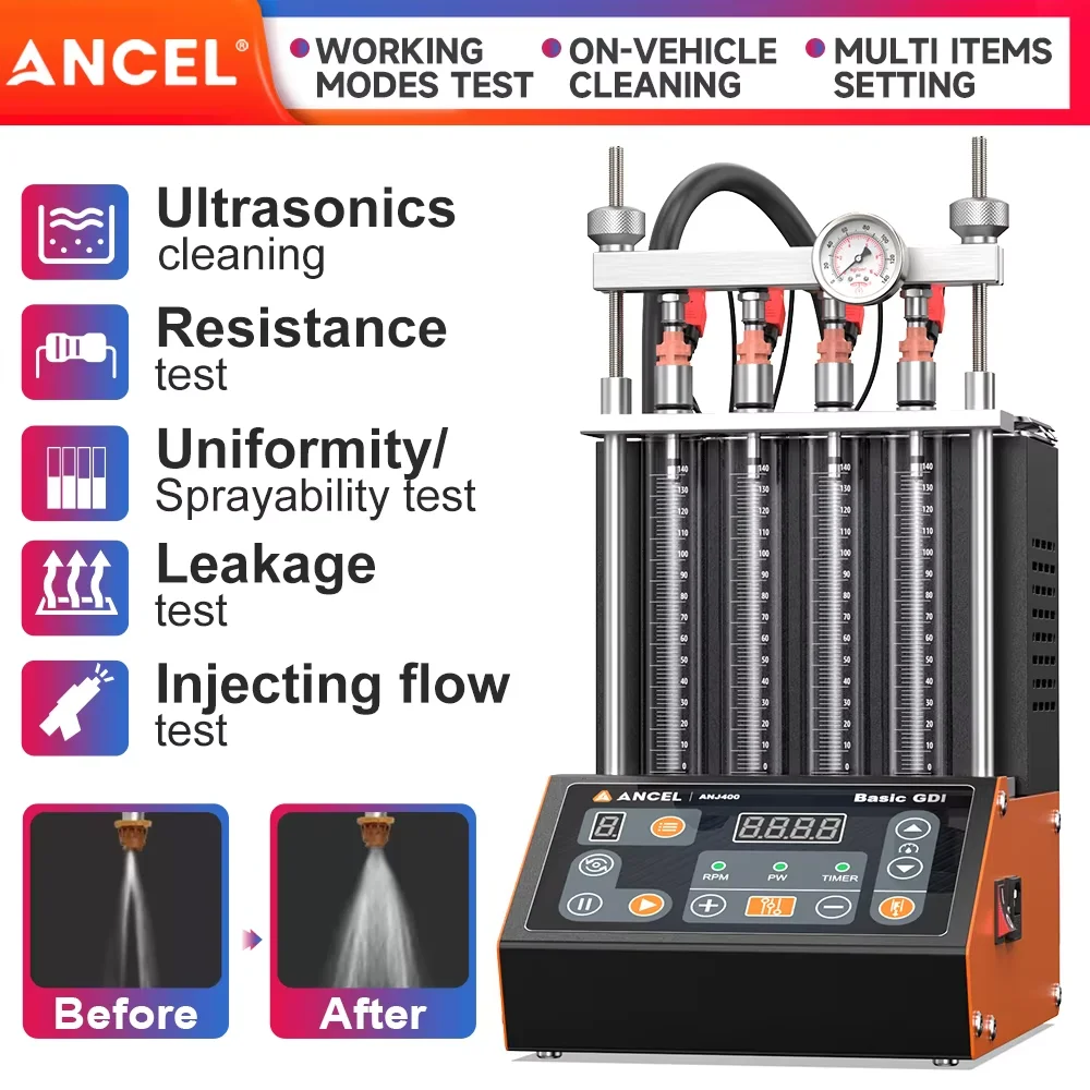 ANCEL GDI 4 Cylinders Fuel Injector Tester Ultrasonic Cleaner Injecting Flow Test Machine Ultrasonic Injector Cleaning