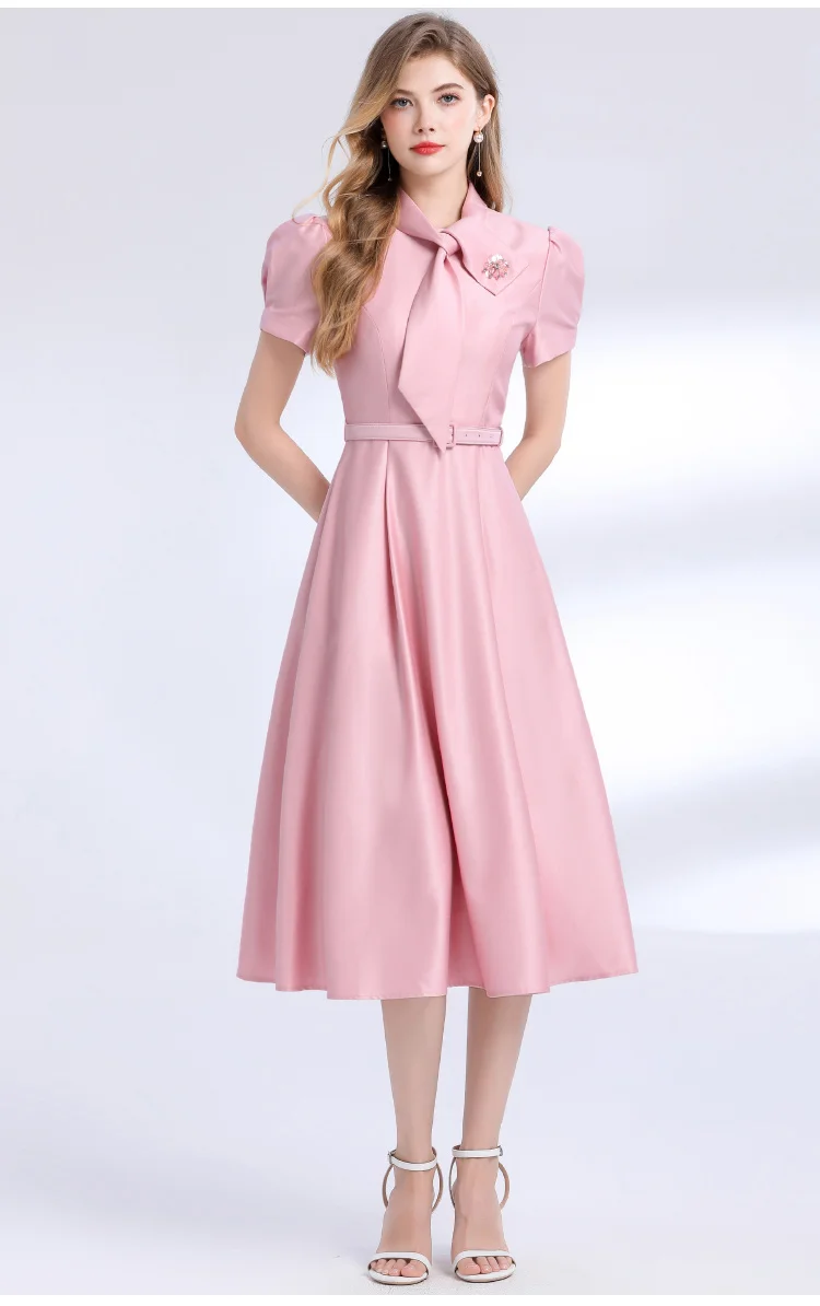 Elegant Temperament Satin Women's Dress New Fashion Solid Bow collar Beaded Slimming Waist Party Dresses