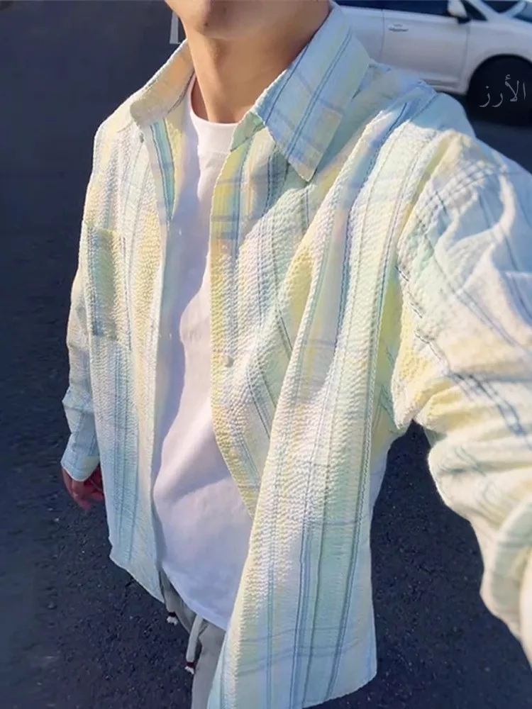 

Lightweight Long Sve Plaid Bubble irt Men's Summer Faion Outerwear Breathable Sun Protection Loose Fit Youth Trend