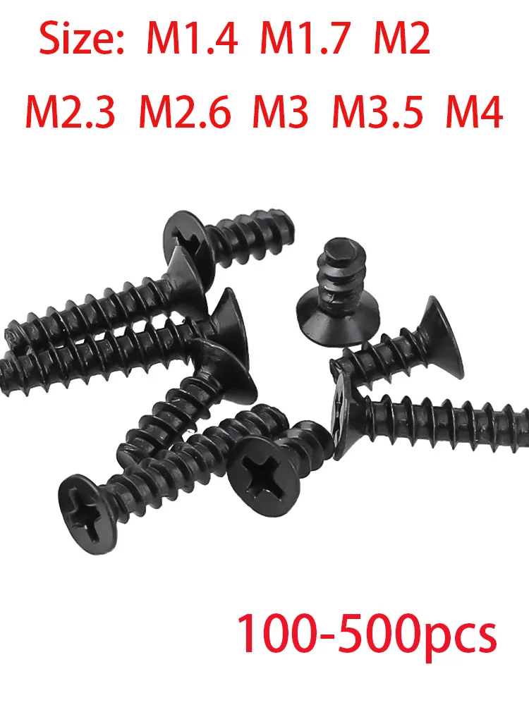 M1.4 M2 M3 M3.5 M4 Mini Flat Head Phillips Screws Carbon Steel Black Countersunk Head Flat Tail Self-tapping Screws Bolt Laptop