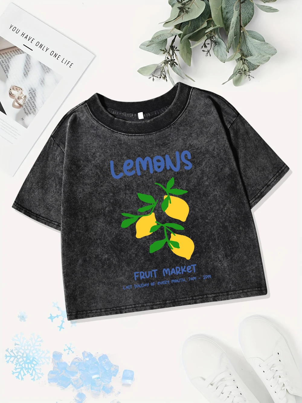 Casual Cotton Crop Tops Women Lemons Fruit Market Printed Washed T-Shirts Summer O-Neck Regular Fit Streetwear Street Clothes