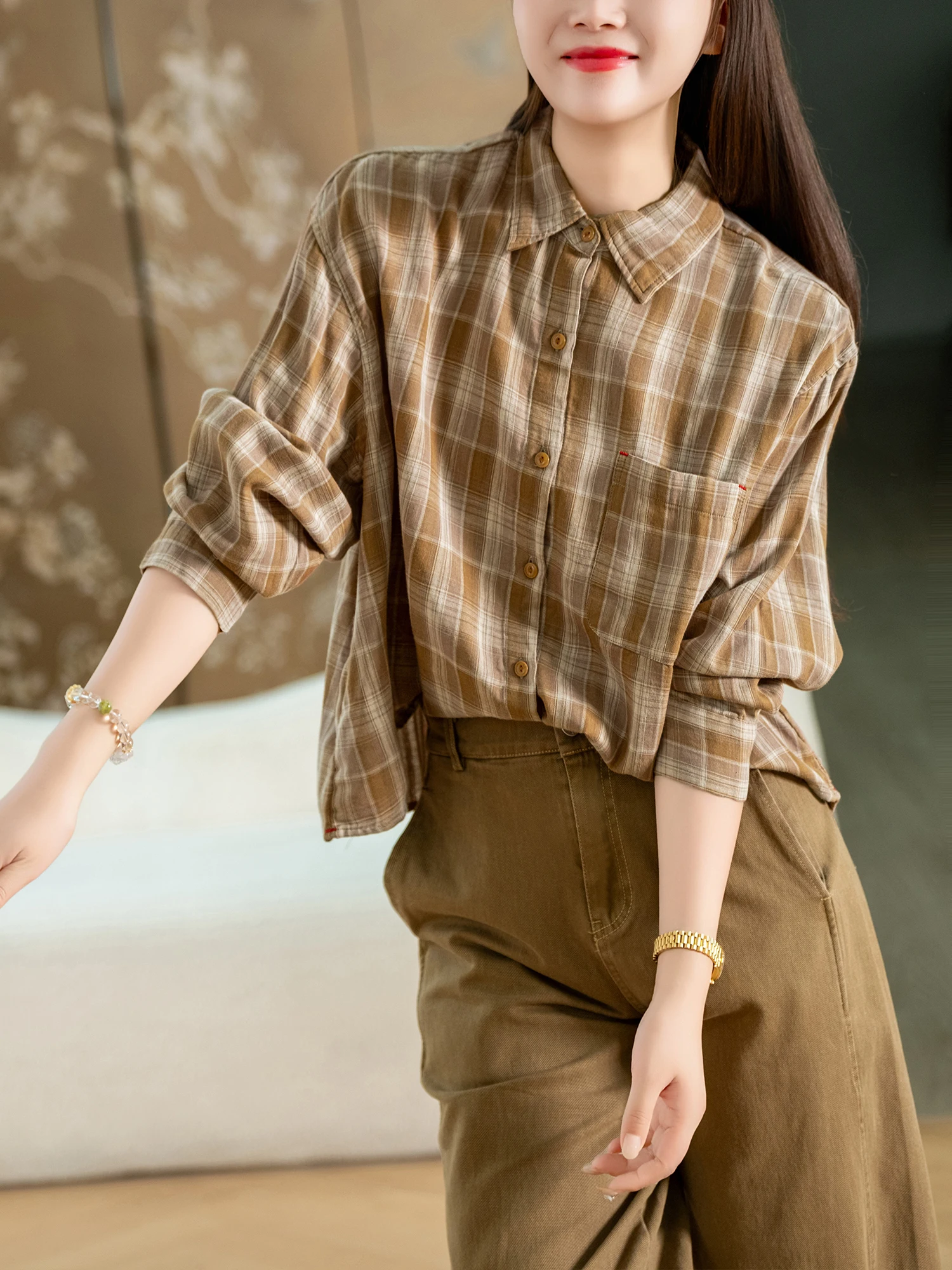 Double-Sided Weave 100% Cotton Plaid Shirt Women's Turn-down Collar Short Front Long Back Striped Flannel Shirt Loose Fit