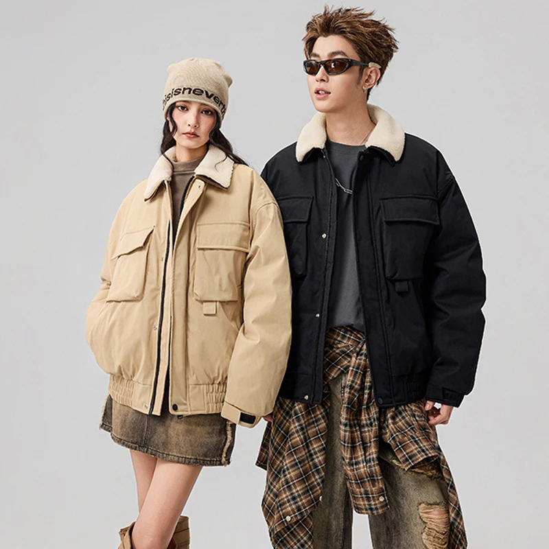 

Removable Fur Collar Down Jacket Men Women Plus Size Loose Thicken Warm Duck Down Bomber Cargo Jacket Unisex Coat S-6XL Overcoat