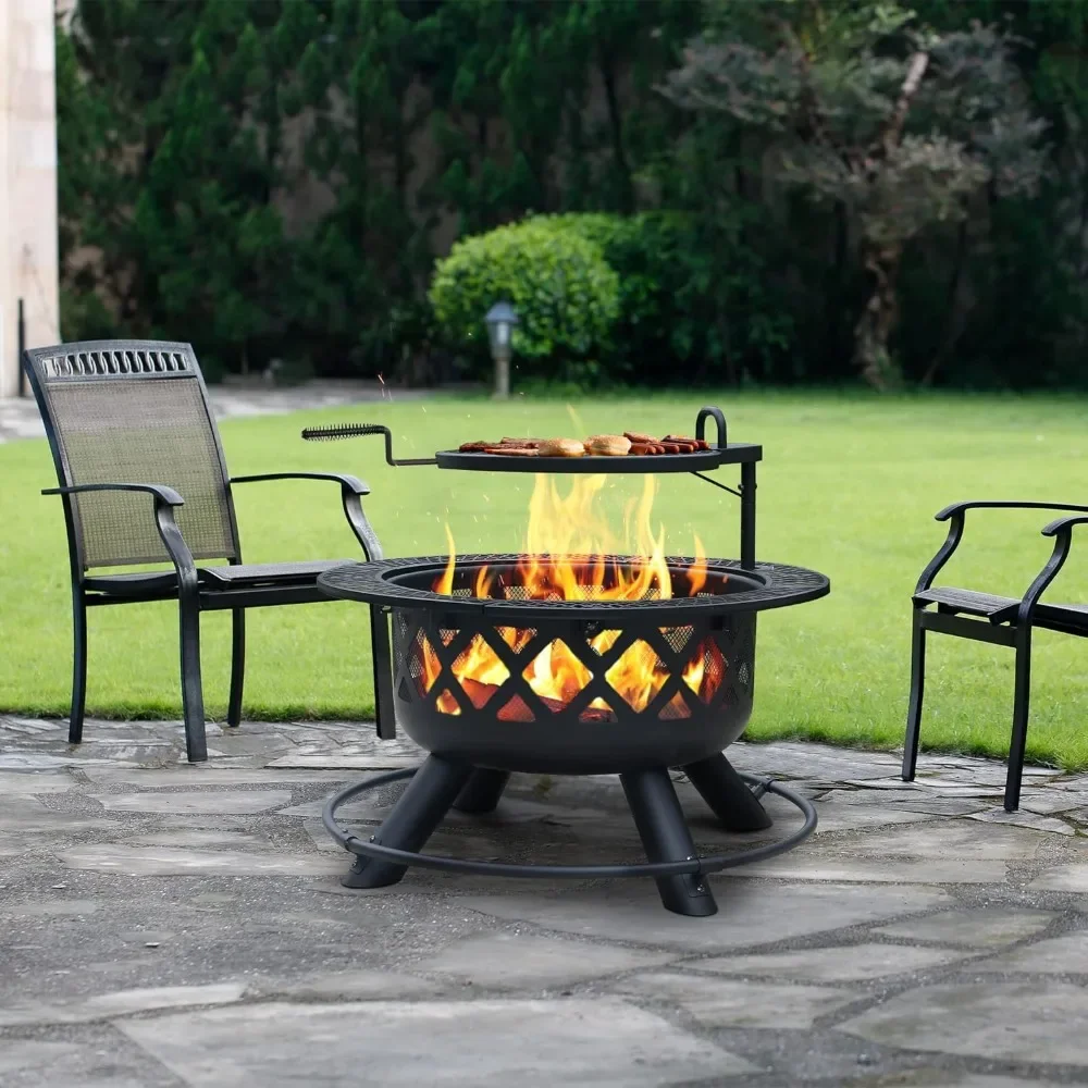 Wood Burning Fire Pit with Quick Removable Cooking Grill, Black, 32in