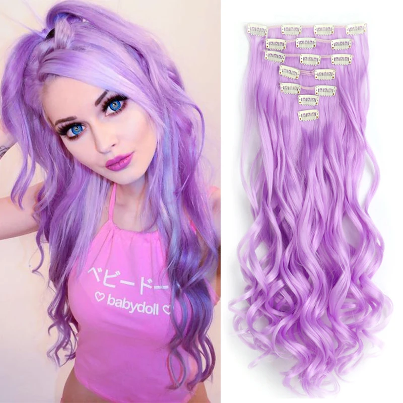 Paarse Clip In Hair Extensions 7 STUKS Volledig Hoofd 22 Inch Lang Krullend Golvend Synthetisch Haarstukken Natuurlijk Golvend Voor Vrouwen Meisjes Haar