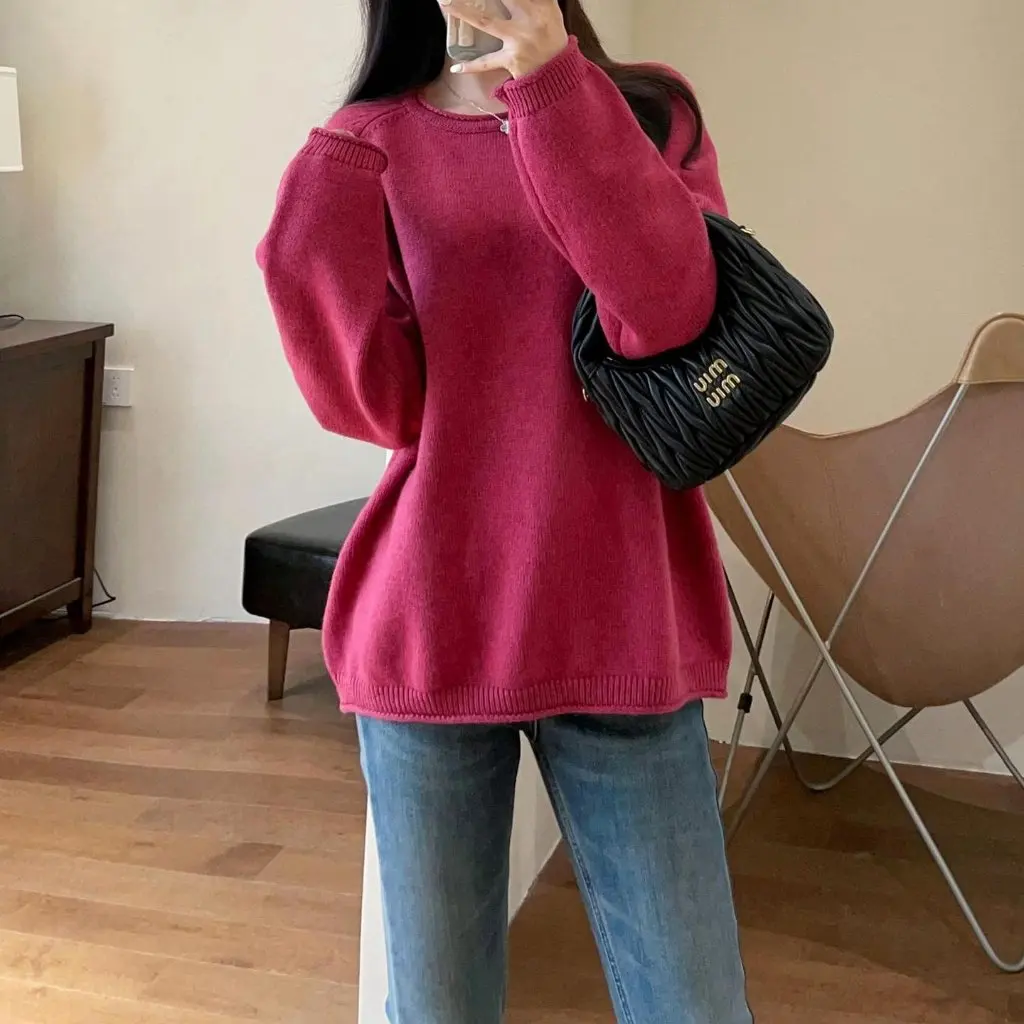 

Slimming round Neck Sweater Anti-Pilling Wool Yarn Curling Design Loose Fit for Autumn Winter F112302