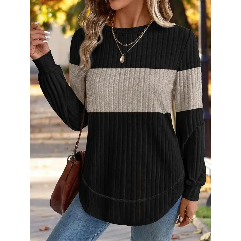 Tunic Tops Women Loose Fit Dressy Long Sleeve Shirts Womens Sweaters Crew Neck Fall Clothing with Curved Hem