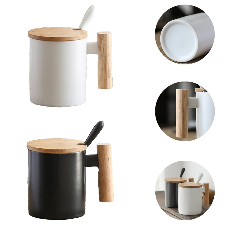 Kubek do kawy 400 ml Prosty biały czarny ceramiczny z drewnianym uchwytem Kubek na wodę na prezent biznesowy Nowoczesny styl Kubki Nordic New Design