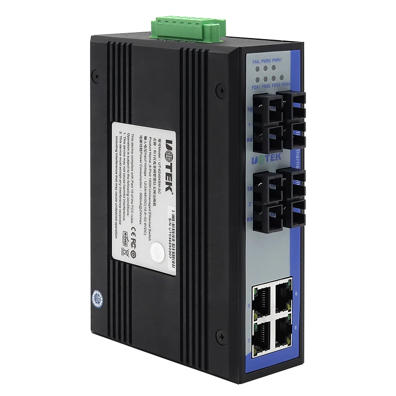 UOTEK UT-62204 100M 4 puertos de fibra 4 puertos RJ-45 interruptor industrial