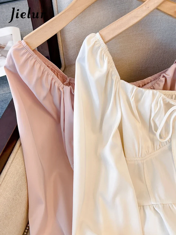 Jielur Summer New French Solid Color Women Blouse Sweet Elegant Slim Waist Blouse Woman Beige White Pink Slim Long-Sleeved Top