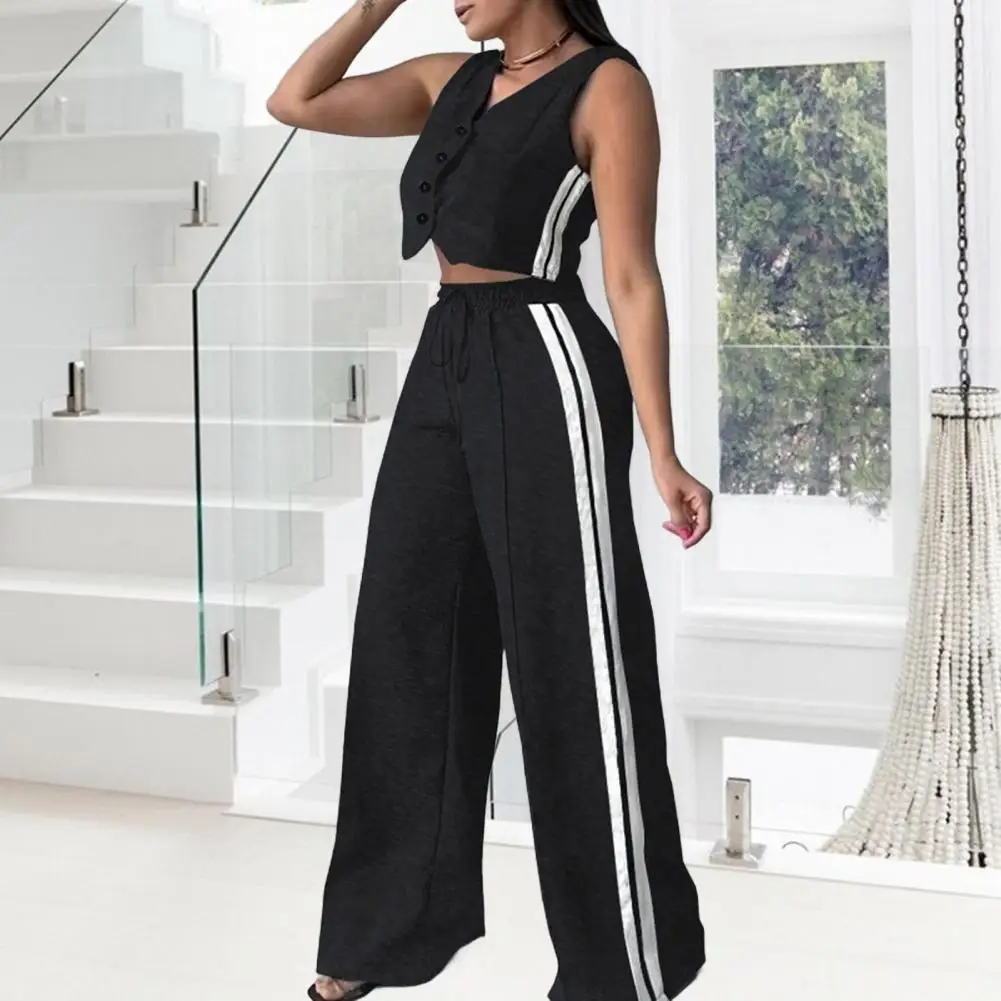 

Polyester Suit for Women Trendy Spliced Suit Summer Sleeveless Lounge Set with V Neck Button Down Vest Top Wide Leg for Casual