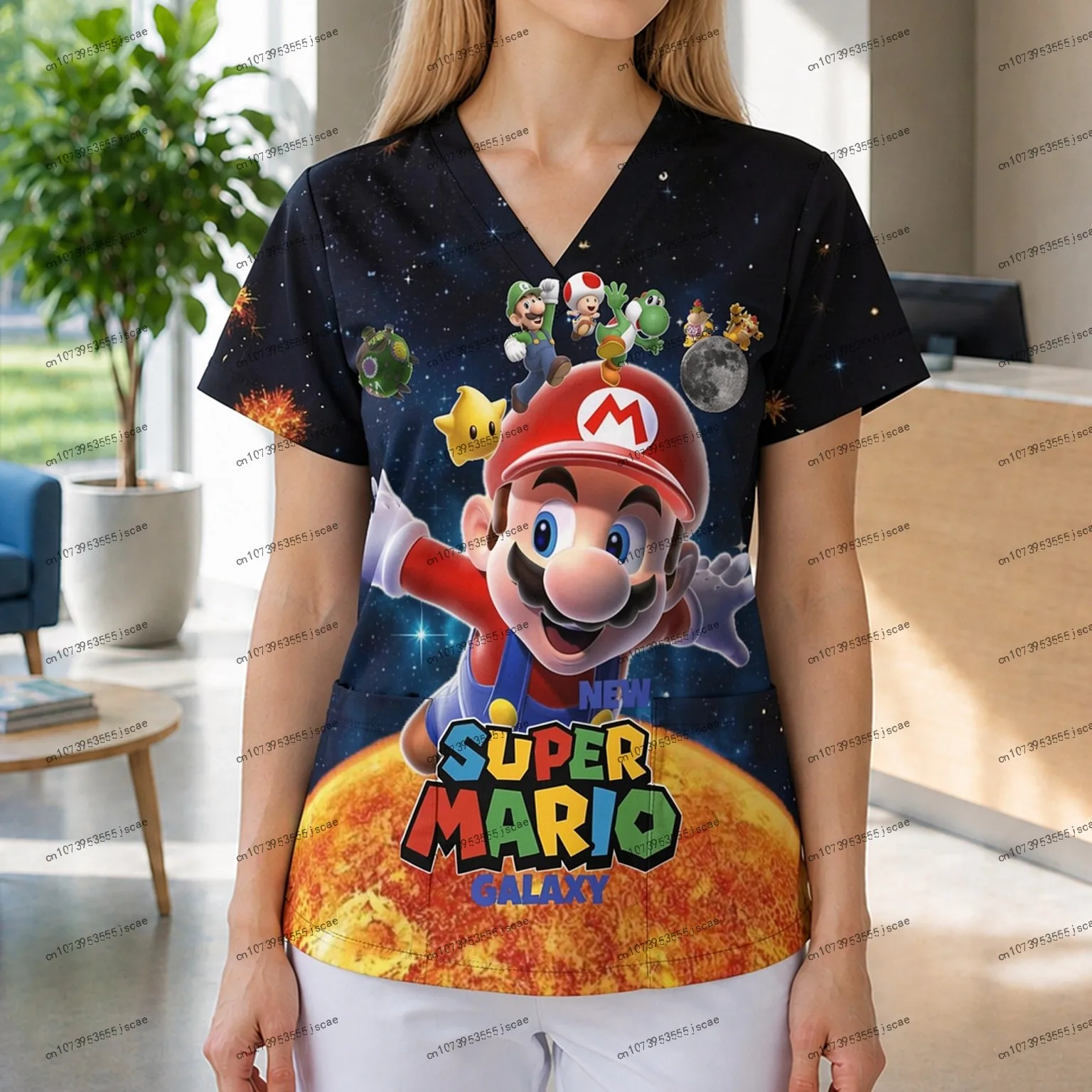 

Cartoon S-5XL Short Sleeve 2026 New Female Clothing V Neck Cuteore Mario Nurse Uniform Women T-shirt Y2k Clothes Fashion Trend
