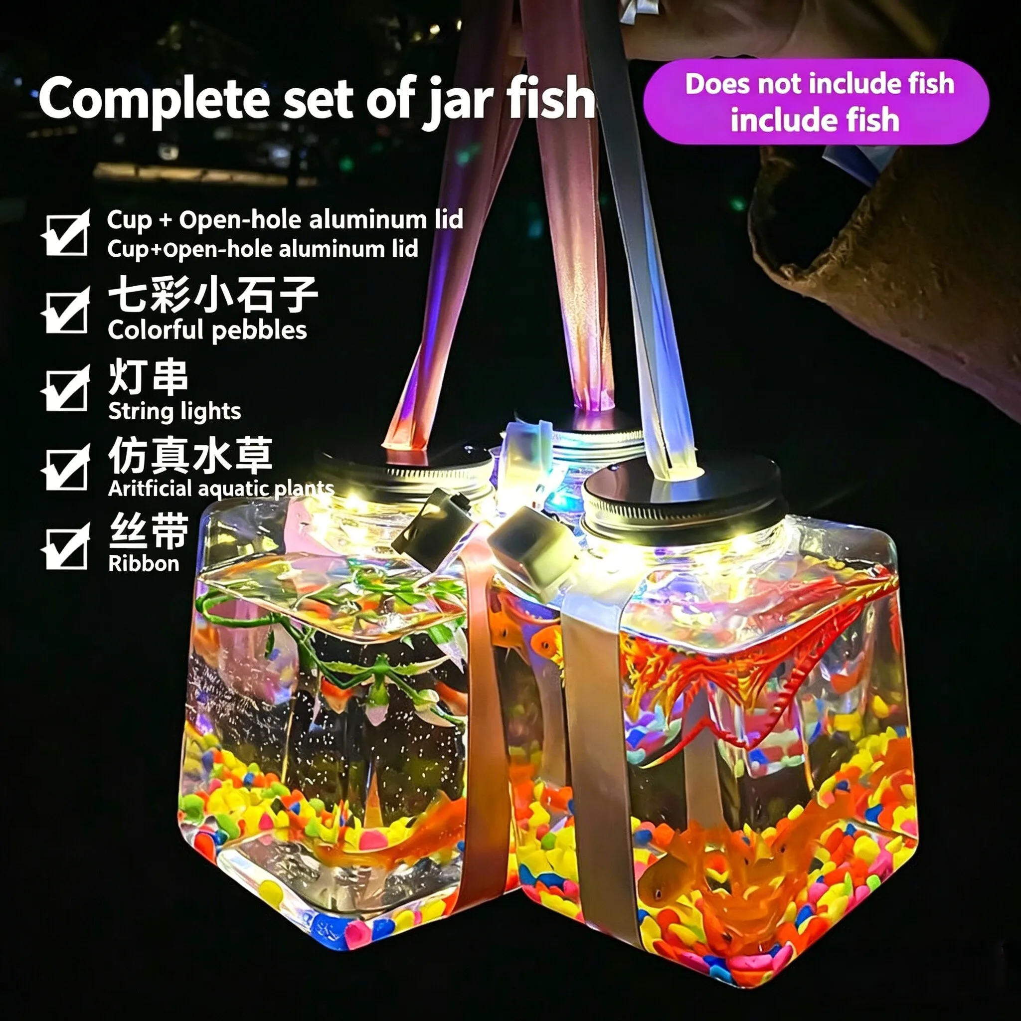 Portable Mini Fish Tank Kit with Colorful Pebbles Artificial Plants and Ribbons Transparent Square Bottle for Home Decor Gift