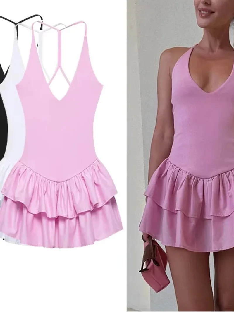Vestidos femininos halter rosa mini vestidos chique com decote em v camada babados bainha vestido uma linha vestido de verão senhoras rua festa wear mq54