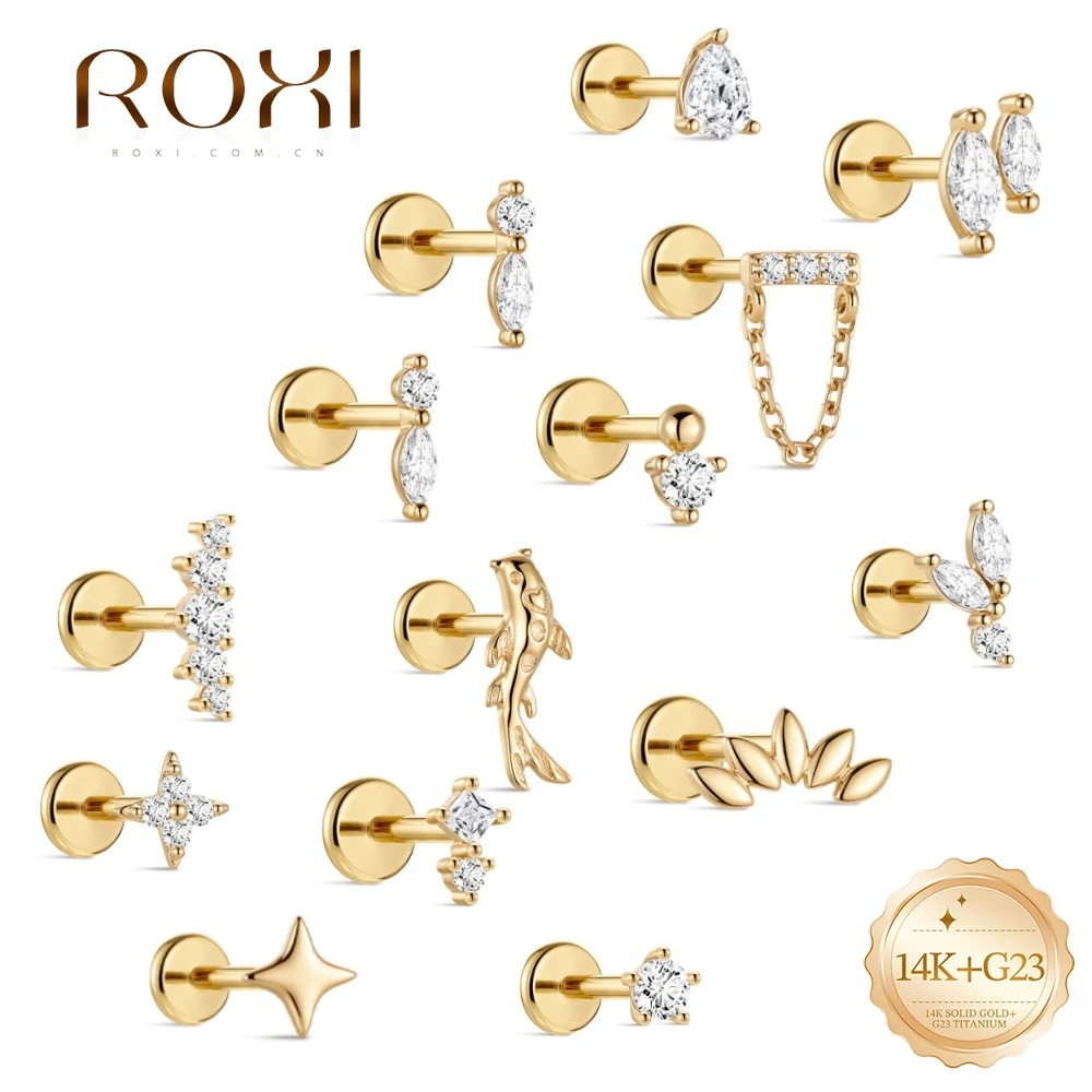 ROXI 1 Stück 14K Massivgold Multi-Style CZ Flachrücken-Knorpelpiercing Ohrring Zierlicher Fisch Stern Blatt Kette Ohrschmuck für Frauen