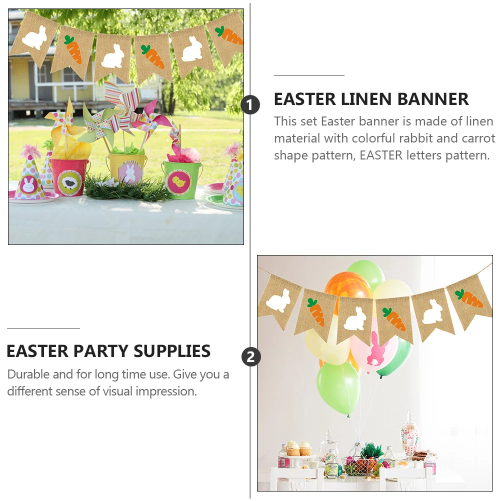 

2Pcs Easter Linen Banner Decorative Bunting Flags Easter Party Supplies Rabbit Carrot Pattern Colorful Dovetail Garland