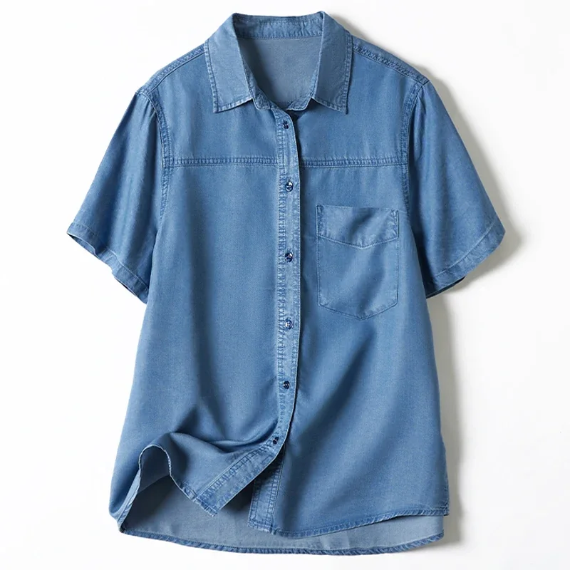 

Casual Turn Down Collar Pocket Denim Shirt Summer Soft Short Sleeve Tops Vintage High Street Single Breasted Blouse Blusas 27759