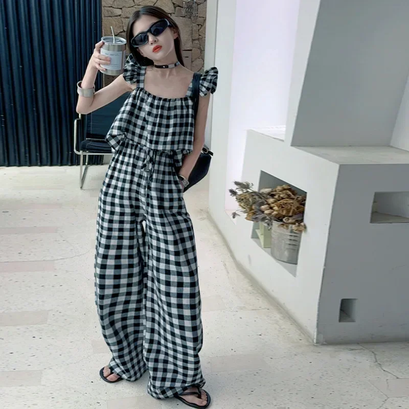 

Summer Fashion Girls Jumpsuit Teenage Casual Children's Black and White Check Loose Children's Jumpsuit Thin