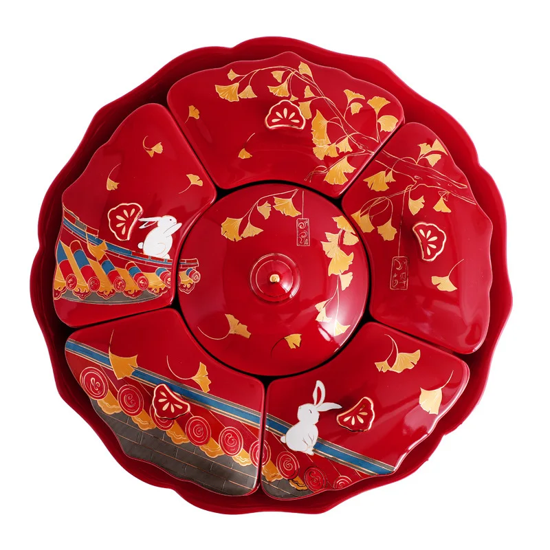 New Chinese style ceramic dried fruit plate Large capacity partitioned snack nut dried fruit tray with lid in family living room