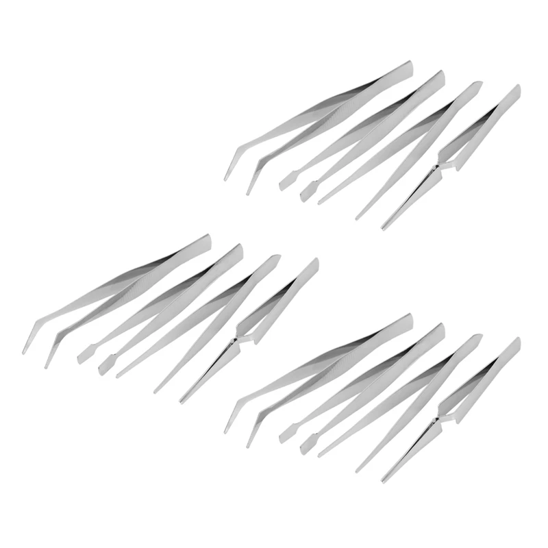 

12Pcs Precision Tweezers Stainless Steel Thick Electronics Forceps Eyebrow Tweezers Anti-Skid Makeup Repair Multi Tools