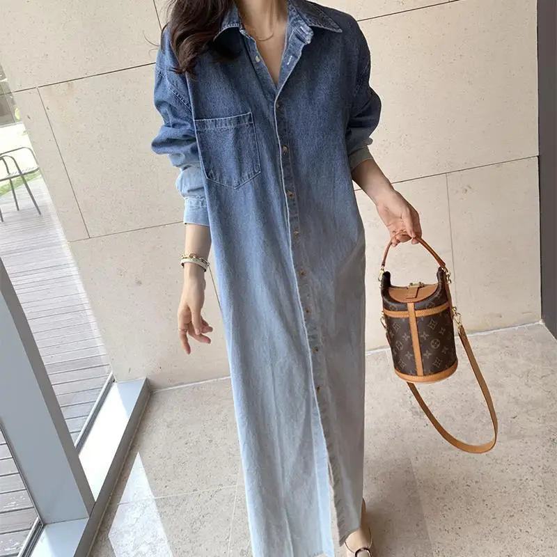 

Women Shirt Dress Long Dresses Denim Gradation Turn Down Collar Single Breasted Full Sleeve Casual Elegant Splice Vestidos