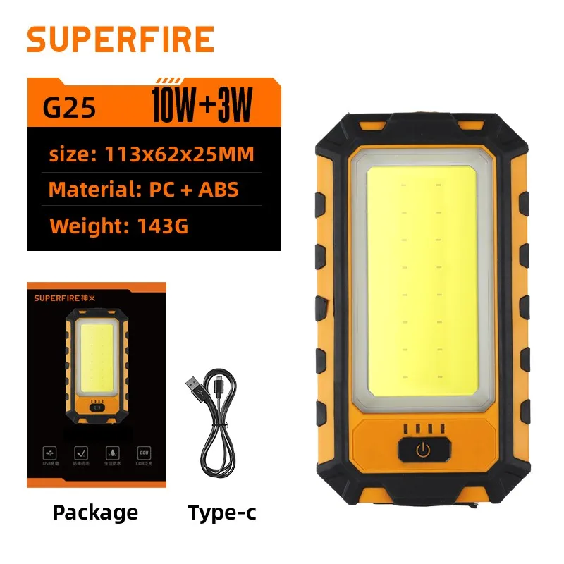 Linterna LED COB portátil SUPERFIRE G25, luz de trabajo recargable por USB, linterna magnética con batería integrada, antorcha para acampar