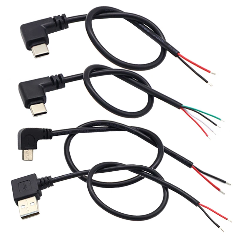 Connecteur de chargeur Micro USB/Type C, 2 broches, 4 broches, USB 2.0 Type A, tête coudée, câble d'extension d'alimentation mâle, ligne de données à monter soi-même, 1 pièces