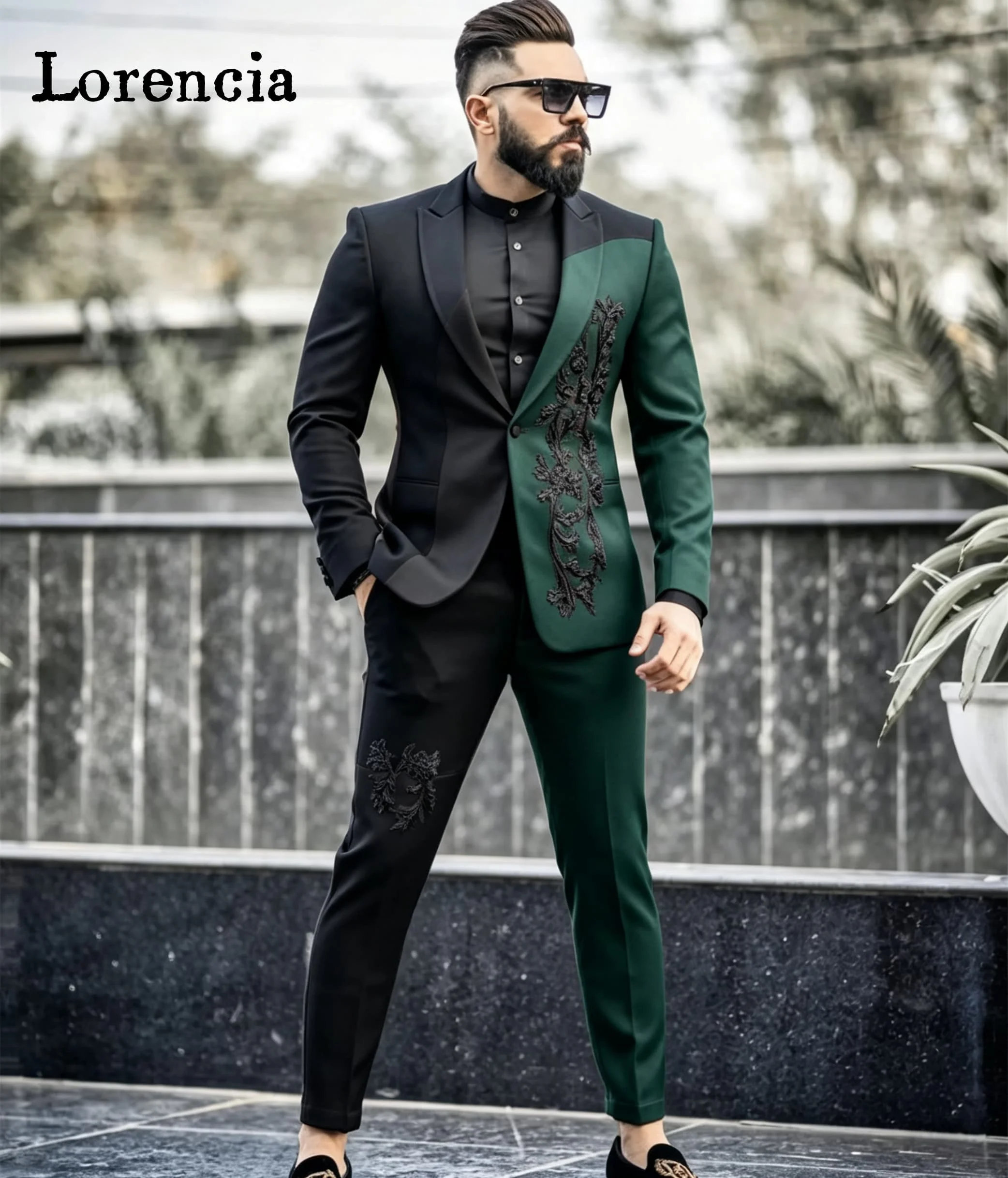 Fashion Customized Luxury Men Suits Splicing Color Appliques Male Prom Blazers 2 Pieces Sets Luxuly Groom Tuxedos Ropa Hombre