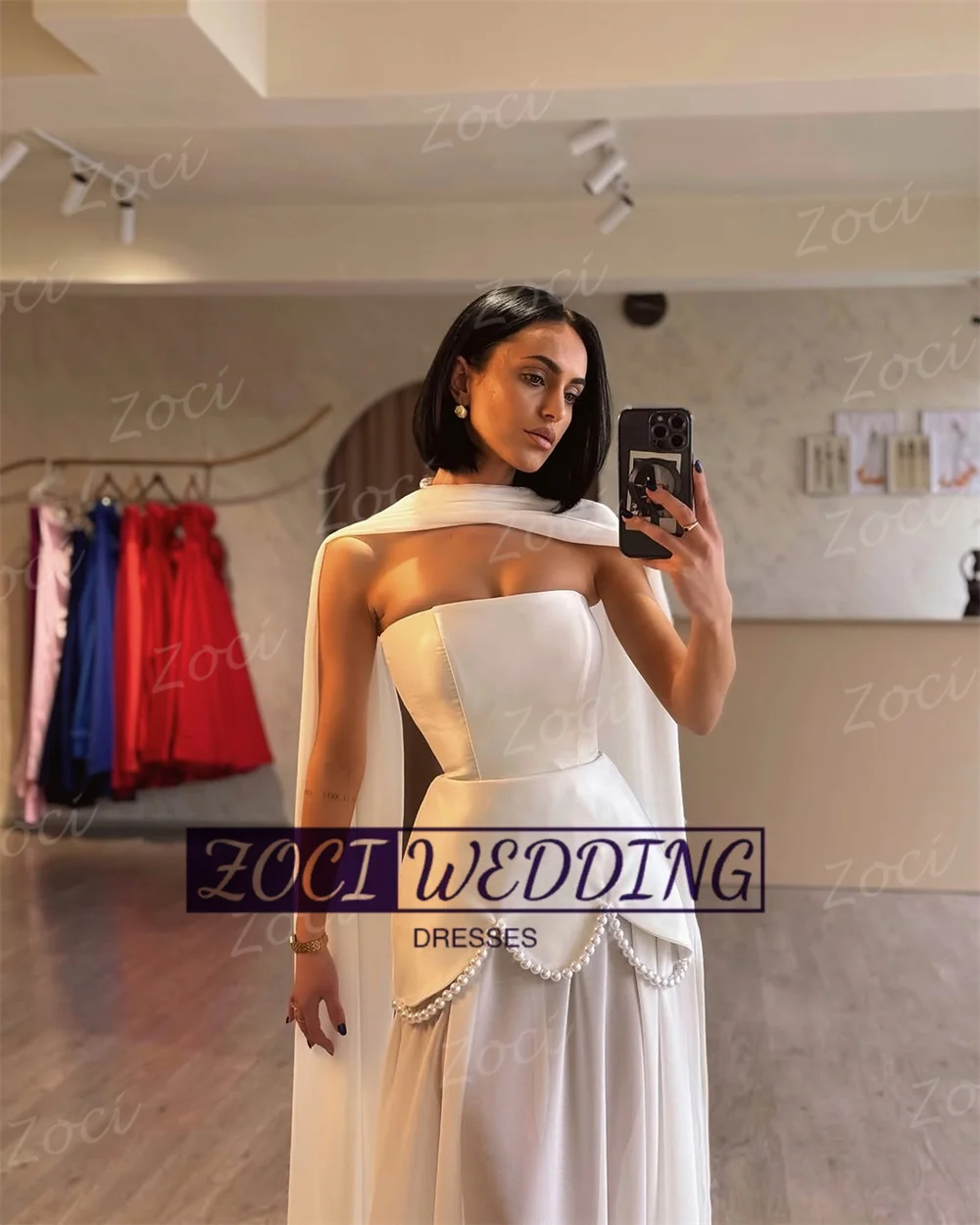 Zoci Modern Strapless Prom Dressess Pearls Beaded Backless A Line Chiffon Special Occasion Evening Gown Women Wedding Party Gown image 3