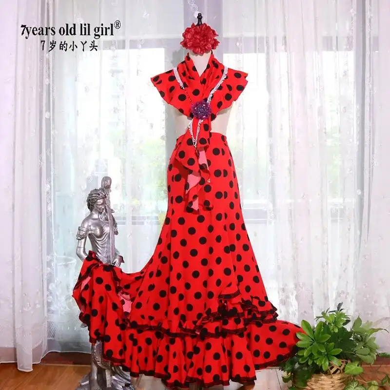 Traje de Baile Flamenco, Falda Española Ajustada con Estampado de Lunares y Volantes, Conjunto con Pañuelo