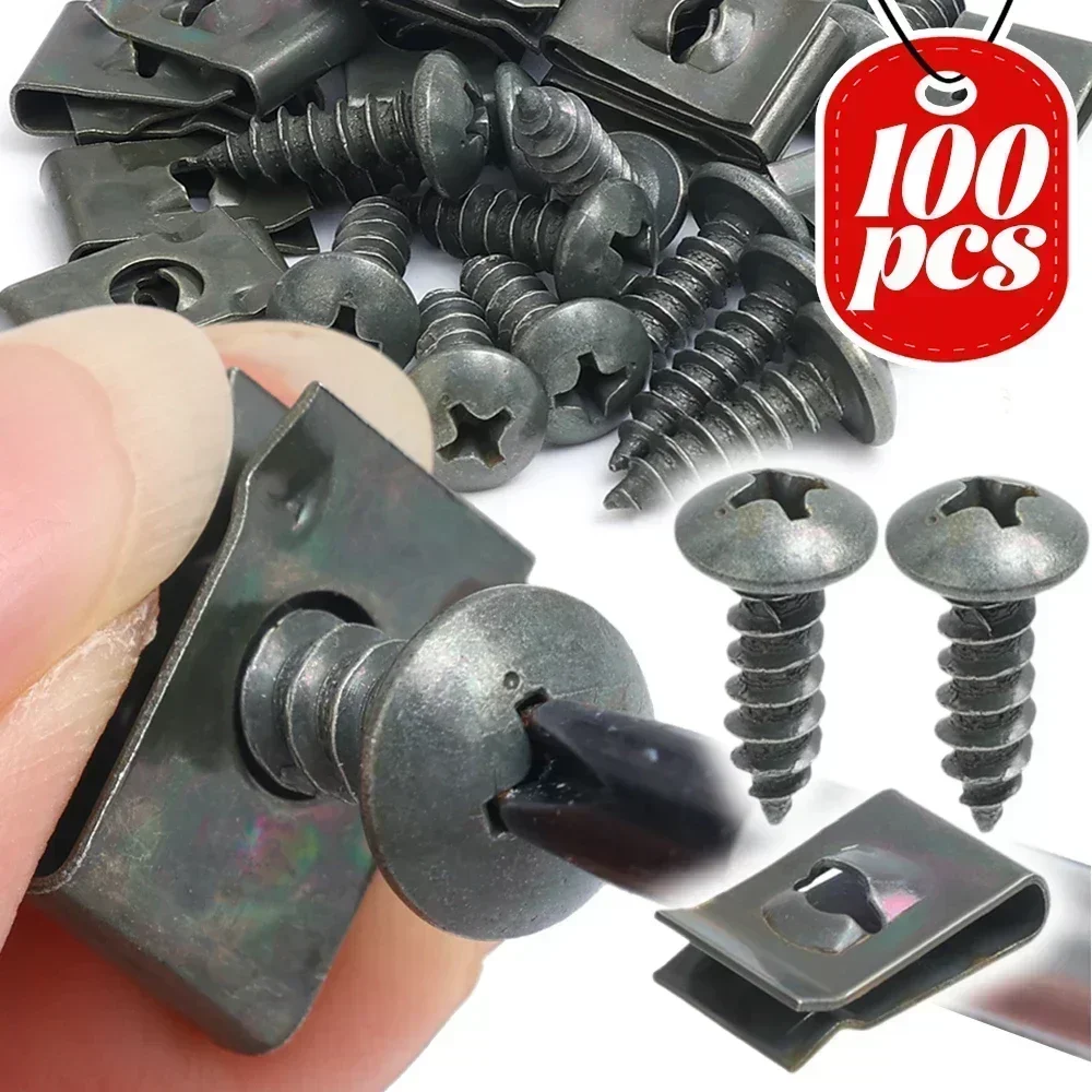 

10-100pcs Metal Screws Fastener Clips Car Truck Modification Accessories Rustproof Self-Tapping Cross Screw U-Shaped Clamp Kit