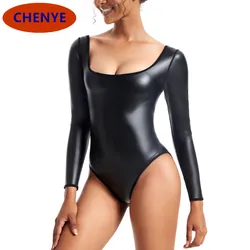 Women Swimwear PU Leather 1 Piece Swimsuit Long Sleeve Bathing Suit Sexy Leather Monokini Clubwear Bodycon Dance Leotard Catsuit