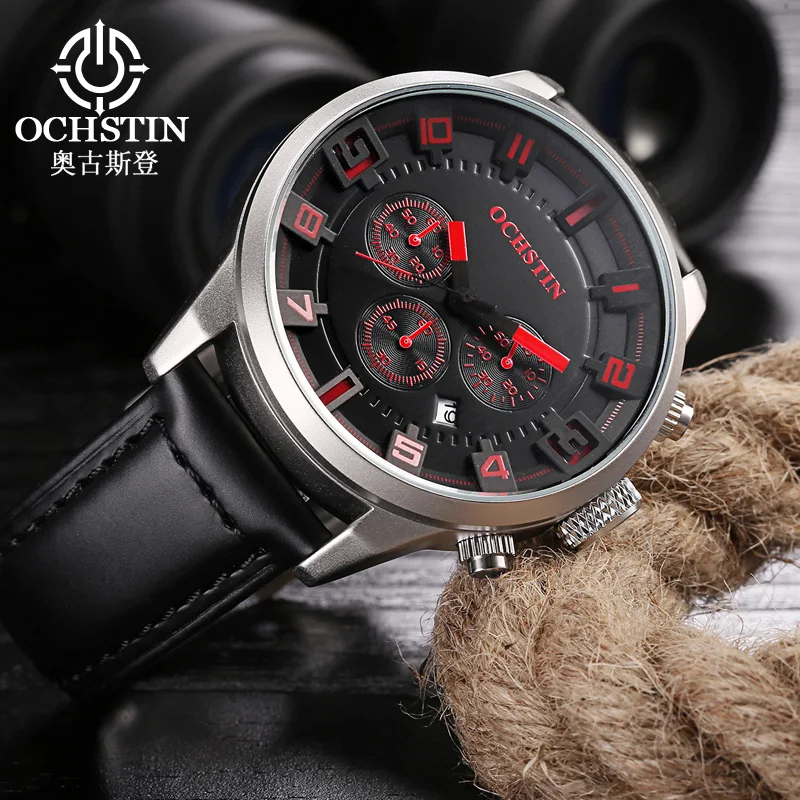 OCHSTIN New Pilot Collection Watches Man Quartz Movement Leather Strap Wristwatch Waterproof Chronograph Fashion Luxury Watch