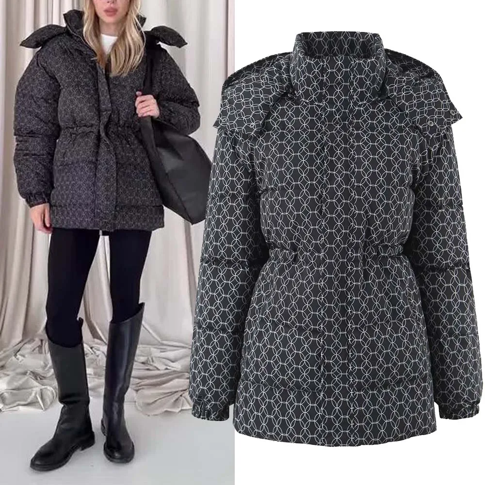 

Women's Versatile Cotton Jaet H279 Hooded Print Design Commute Sle Slim Fit Long Sve Zipper Closure Winter Coat