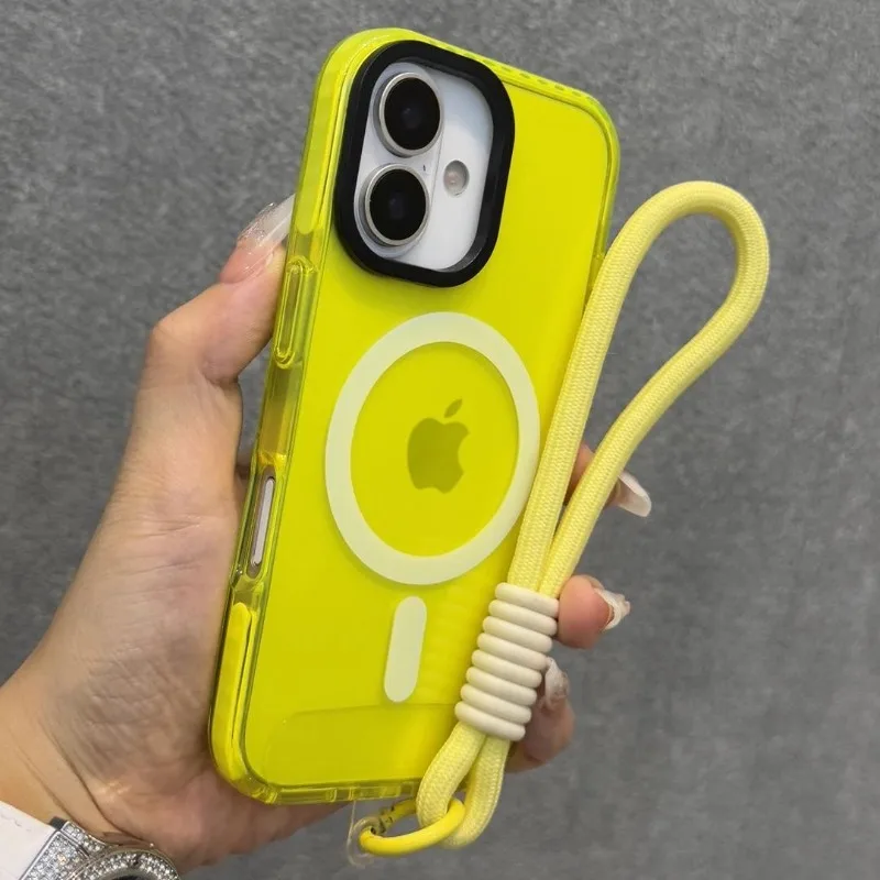 Transparent Neon Color MagSafe Lanyard Phone Case for 15 16 17 Pro Max 13 14 12 11 Air Wireless Charging Soft Wrist Strap Cover