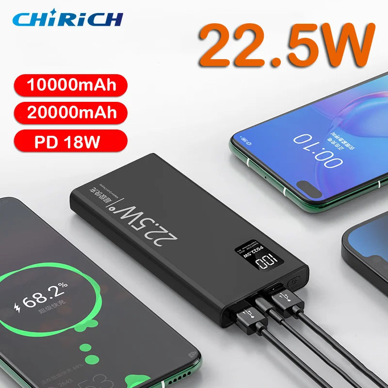 

20000mAh Large Capacity Power Bank USB C 22.5W Fast Charging 10000mAh External Auxiliary Spare Battery For iPhone Xiaomi Samsung