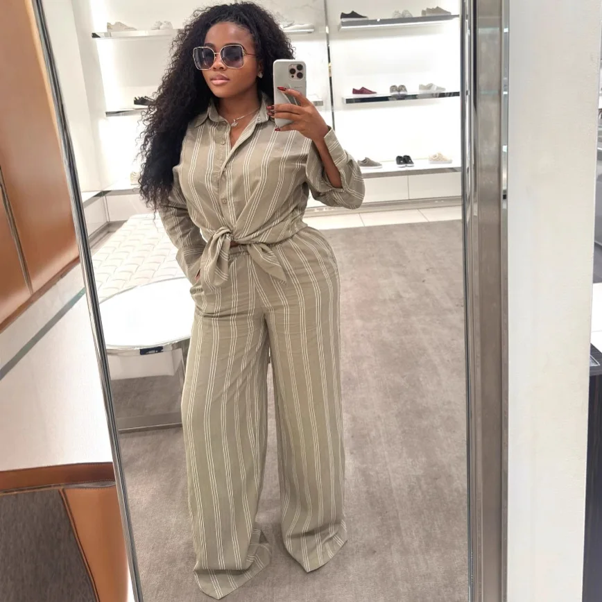 Women's Loose Lapel Long Sleeve Striped Shirt And Pants Two Piece Set Slim Fit Versatile Elegant Commute Comfort Casual Outfit