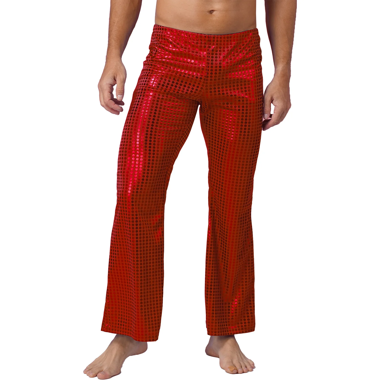 Mens 70s Shiny Sequins Hip Hop Disco Party Long Pants Costumes Dancer Singer Trousers Elastic Waistband Bell Bottom Flared Pants