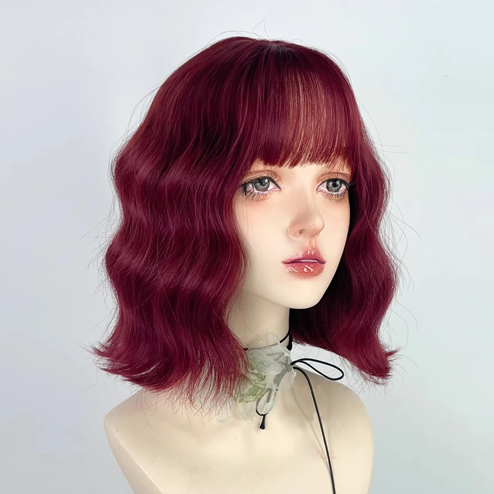 GAKA Synthetic Short Bob Rose Red Women Wavy Wig with Bangs Lolita Cosplay Natural Fluffy Hair Heat Resistant Wig