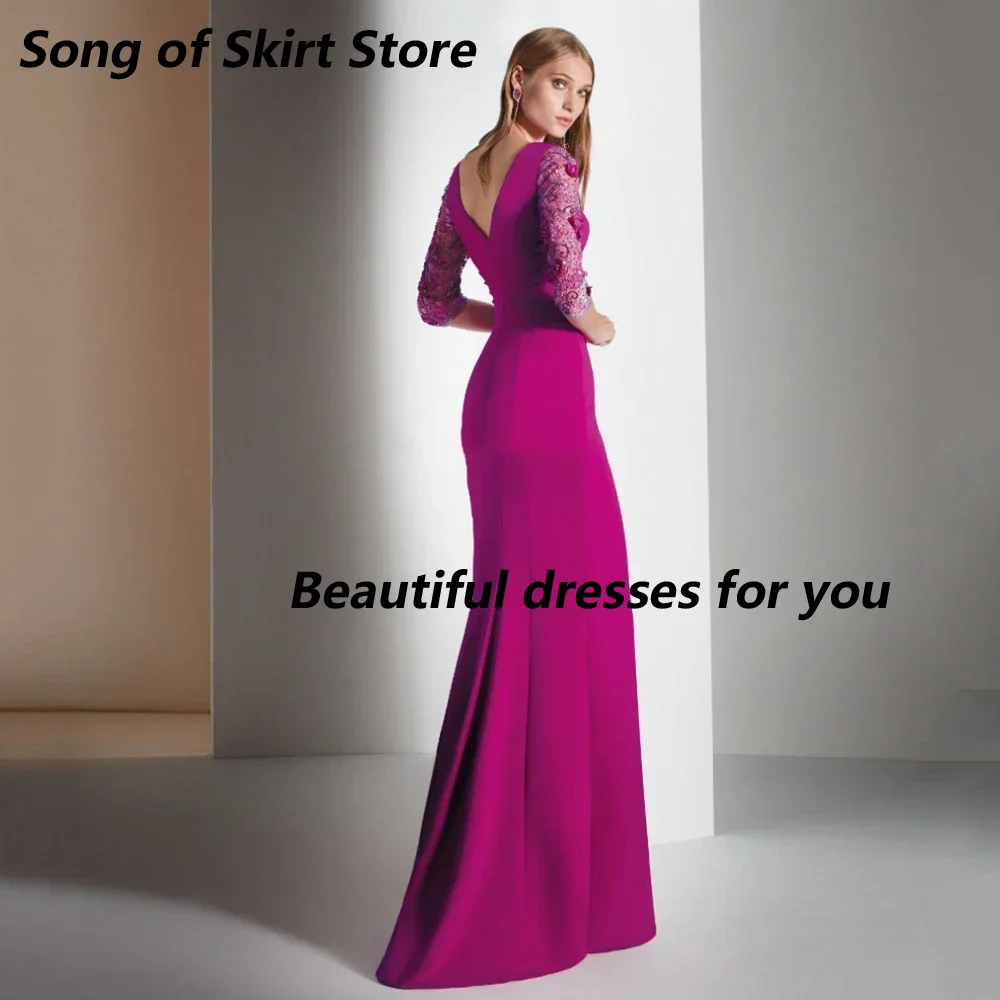 Customized Elegant Scoop Half Sleeves Mother of The Bride Dresses with Slit Ruffles Fuchsia  Evening Gown for Wedding Guest Gown