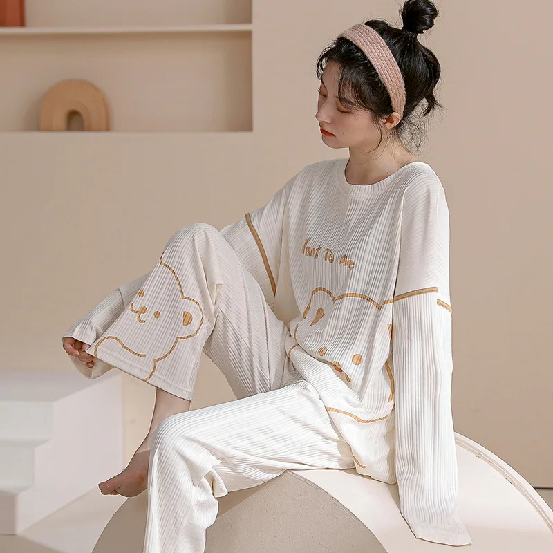 Cartoon Women Pajamas Set Combed Cotton Pyjama Waffle Knit Pijama Female Loungewear Homewear Sleepwear LongSleeve Top Pants Suit