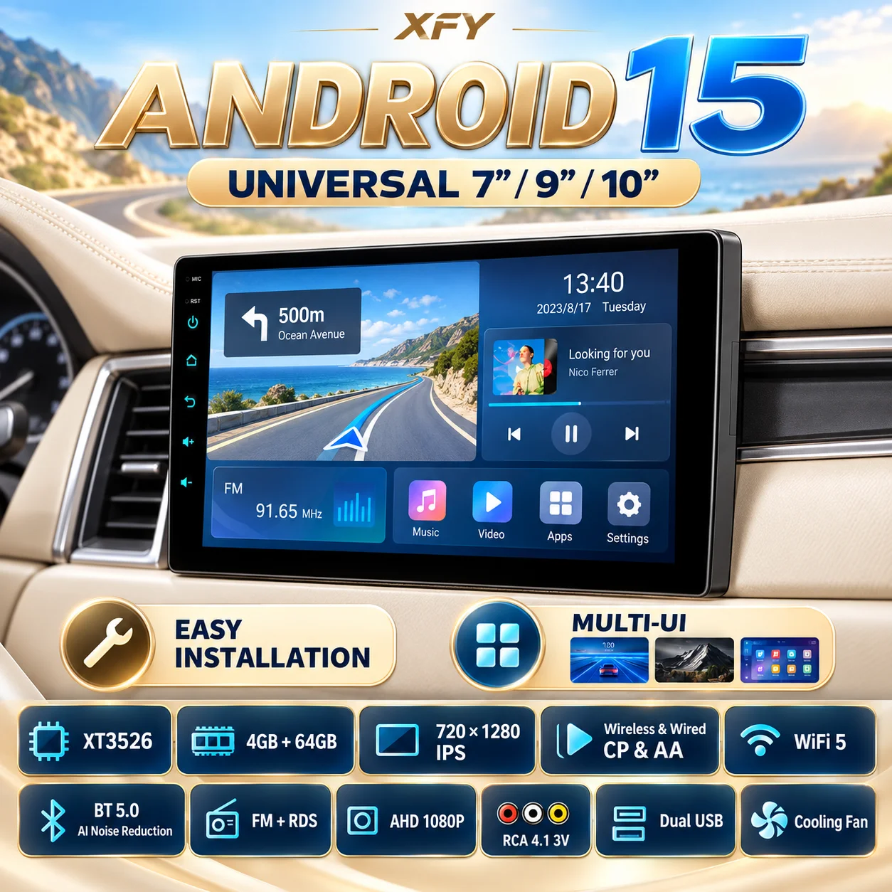 XFY Universal Android 15 Car Radio 7/9/10 Inch 4GB 64GB Wireless CarPlay Android Auto WiFi 5 BT 5.0 AI Noise Reduction AHD1080P