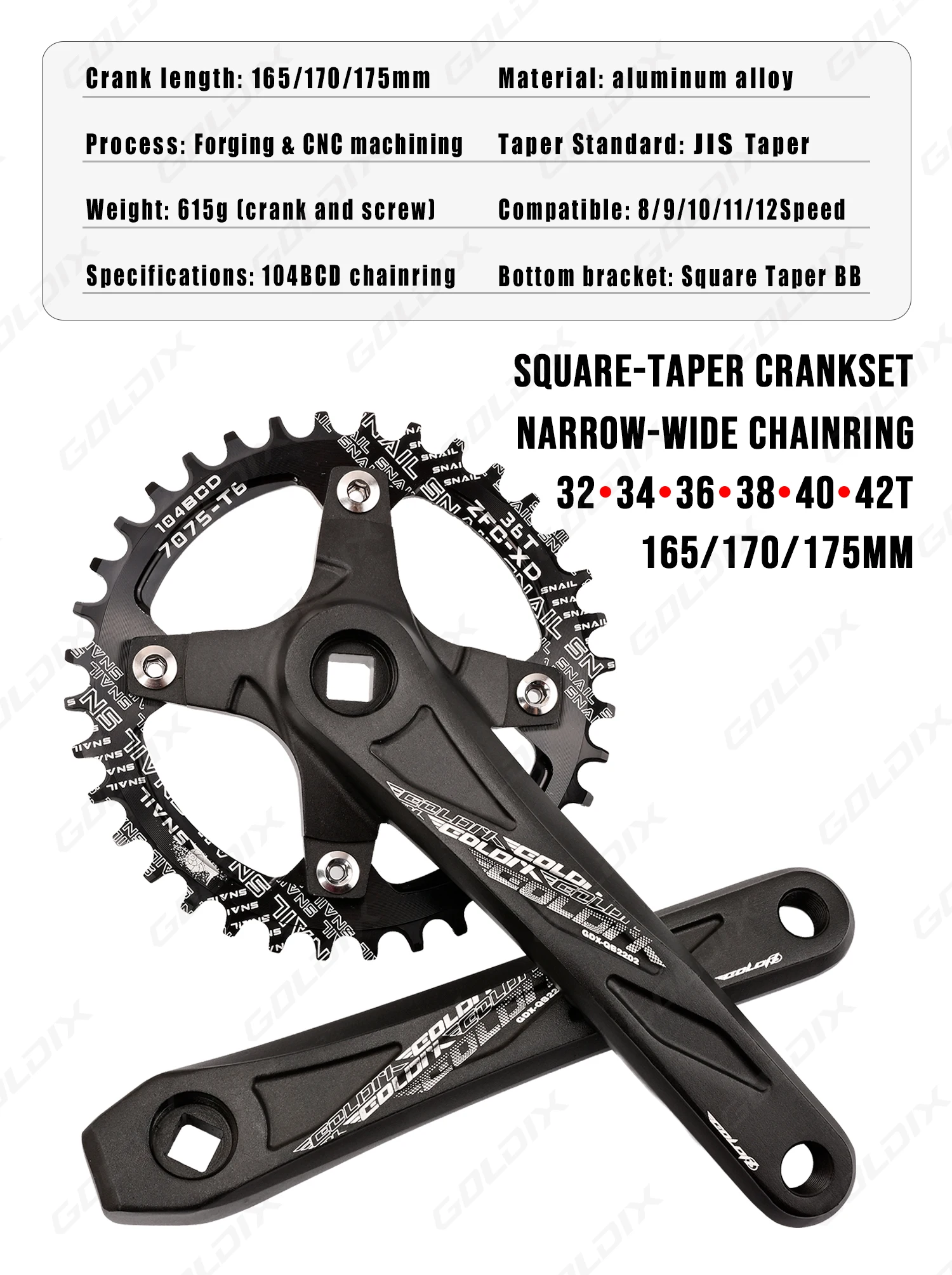 GOLDIX Fahrradkurbelgarnitur mit Vierkantloch, Aluminiumlegierung, MTB-Kurbel, 165/170/175 mm Länge, schmale breite Zähne, 104BCD, 32/34/36/38/40/42T – Detail 2