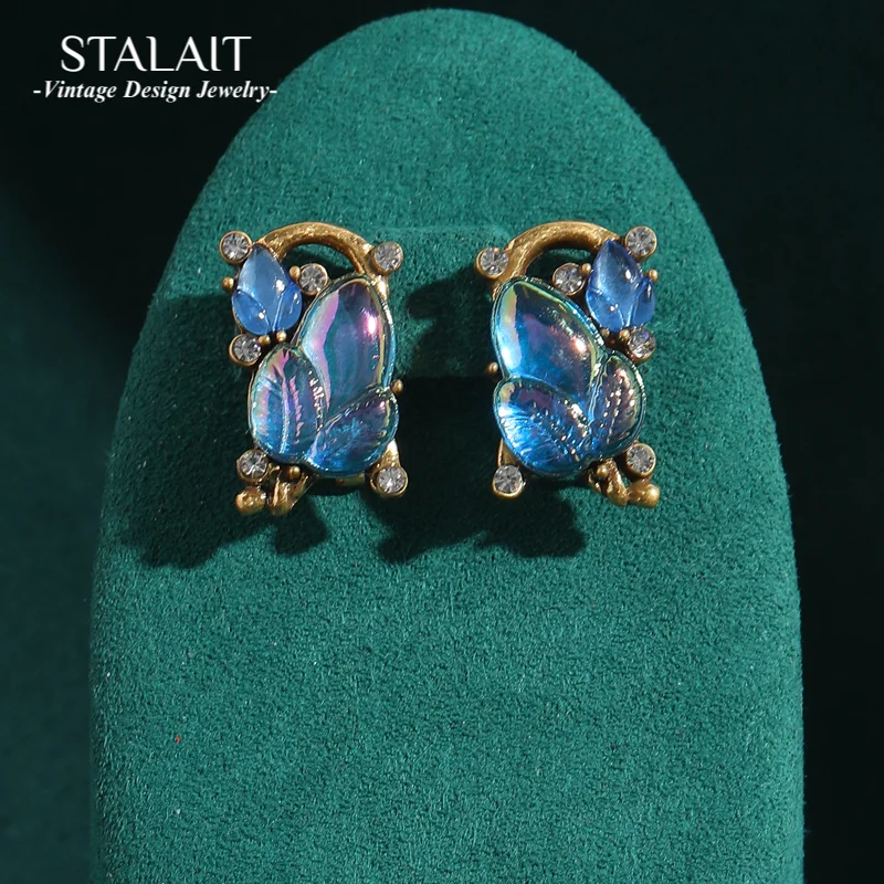 

Vintage Jewelry Ab Sea Glass Crystal Blue Earrings Studs Tulip Leaves For Woman Luxury Designer Antique Quality Accessories