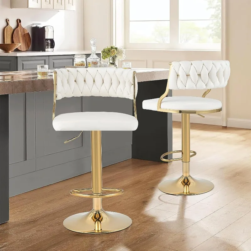 Velvet Adjustable Bar Stools Set of 2, Max Load 400 Lbs, Modern Upholstered Swivel Barstools with Woven Back, Footrests