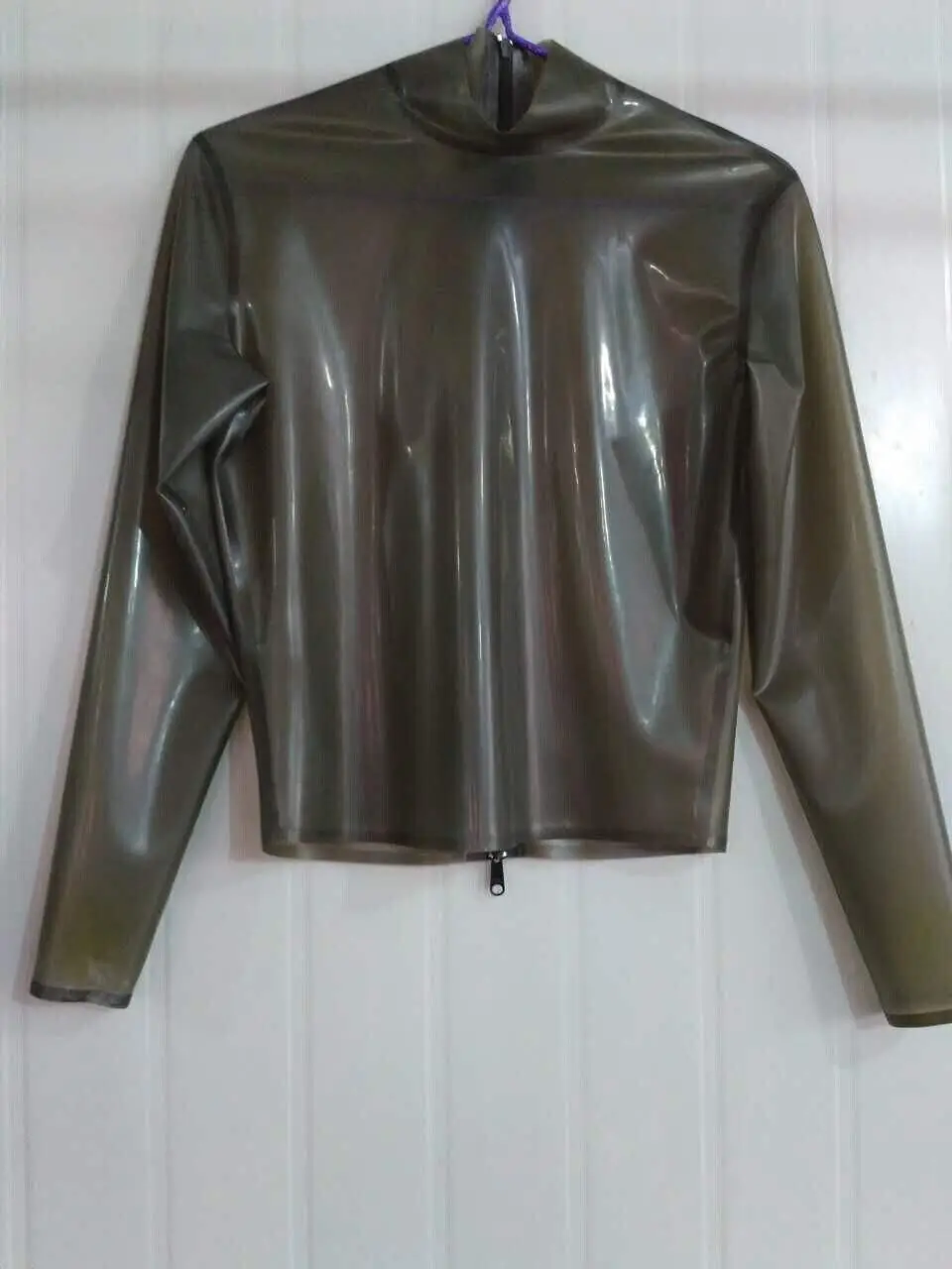 

Latex 100% Rubber Tops Black Long Sleeve Hoodies Smoke Grey Coat Jacket