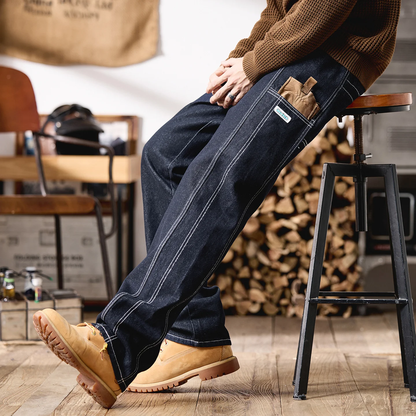 

Men's Thickened Loose Straight Leg Original Color Jeans mid Waist Cotton Blend Fashionable Urban Casual Wear Resistant Vintag...