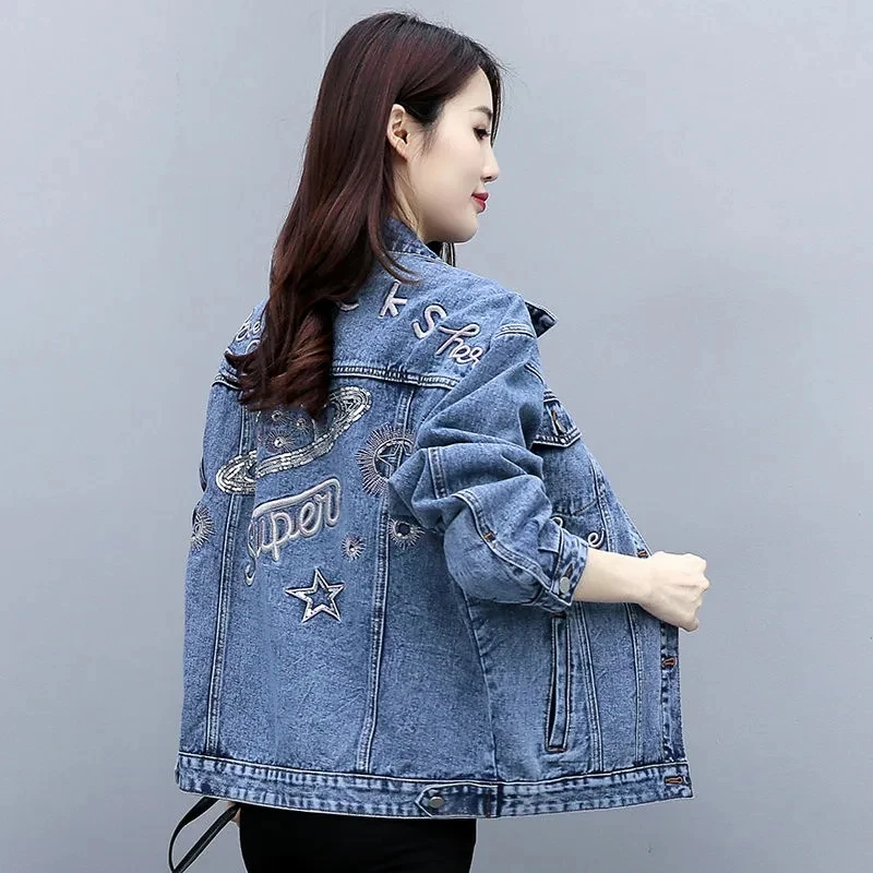 Denim Jacket Womens 2022 Spring Autumn Large Size Embroidery Retro Short Jeans Jacket Women Fashion Casual All-match  Outerwear