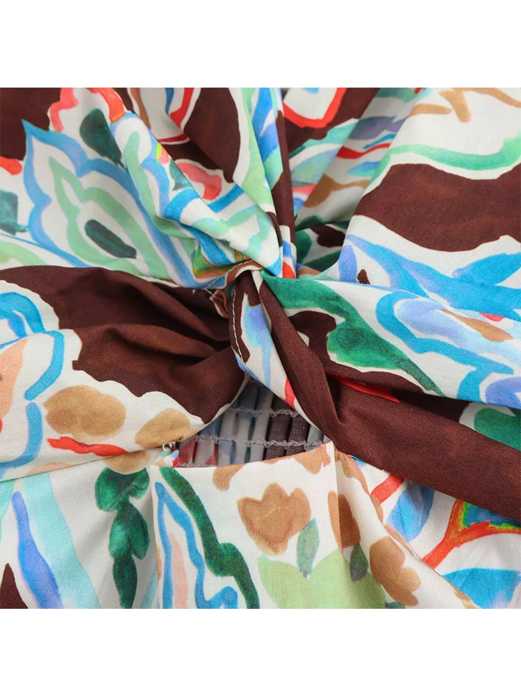 TRAF Fashion Ladies Floral Print Dress Elegante V-neck Lantern Half Sleeve Long Dress Casual Loose Hollow Out Sexy Midi Dresses